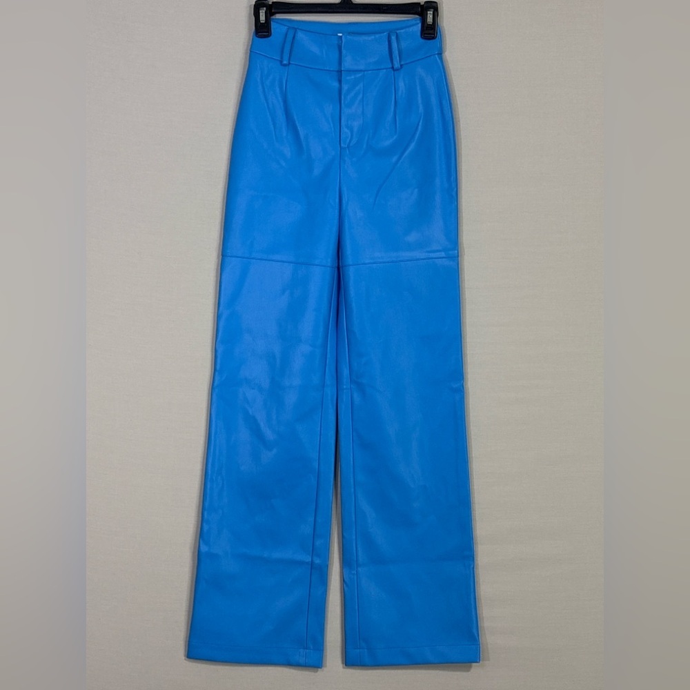 Meshki Sima Faux Leather High Waist Wide Leg Pants Azure XS
